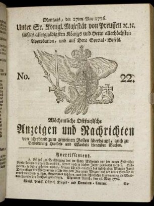No. 22. Montags, den 27ten May 1776.