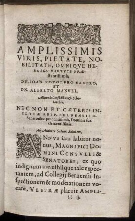 Amplissimis Viris, Pietate [...] Dn. Ioan. Rodolpho Sagero, Et Dn. Alberto Manuel [...]