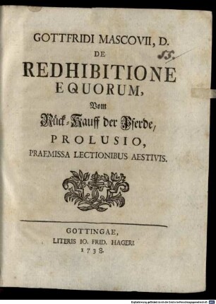 De redhibitione equorum, vom Rücklauf der Pferde, prolusio