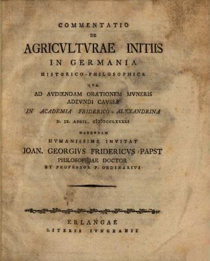 Commentatio de agriculturae initiis in Germania historico-philosophica