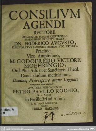 Consilium Agendi Rectore Academiae Magnificentissimo, Serenissimo Principe Regio ...
