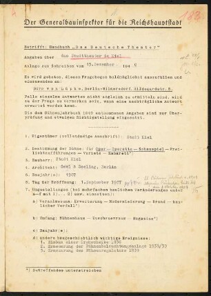 Stadttheater, Kiel: Fragebogen für das Handbuch »Das Deutsche Theater«, vierseitiges Dokument