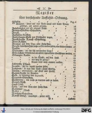 Register über vorstehende Auffahls-Ordnung.