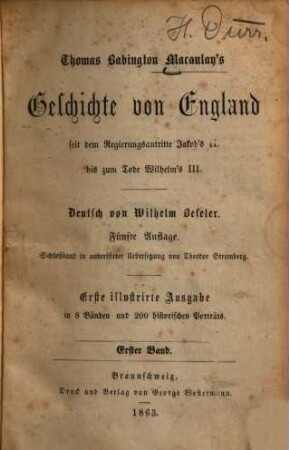Geschichte von England seit dem Regierungsantritte Jakob's des Zweiten : bis zum Tode Wilhelm's III. ; 3. illustr. Ausg.. 1