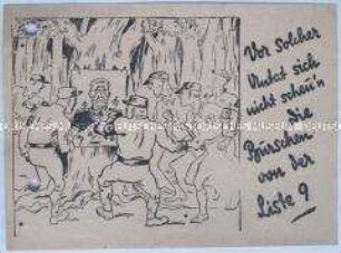 Handzettel mit einer Karikatur auf Angriffe der SA auf Hindenburg und rückseitiger Wahlkampfpolemik gegen die NSDAP