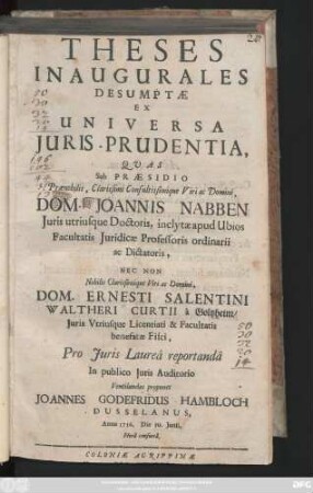 Theses Inaugurales Desumptæ Ex Universa Juris-Prudentia
