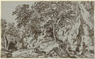 Zerklüftete Felswand, davor ein vor einem Kreuz Kniender, links eine Einsiedelei