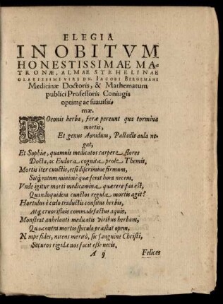 Elegia In Obitum Honestissimae Matronae, Almae Stehelinae ...