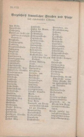 Verzeichniß sämmtlicher Straßen und Plätze nach alphabetischer Ordnung.