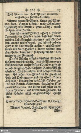 Deß Grafen von Zeil Pflaster zu vielen äusserlichen Zufällen dienlich