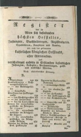 Register der in Wien sich befindenden höchsten Hofstellen, Instanzien, Buchhaltereyen, Registraturen, Expeditinen, Kanzleyen und Aemter, wie auch des gesammten kaiserlichen königlichen Hofstaats, aller Ritterorden, ...