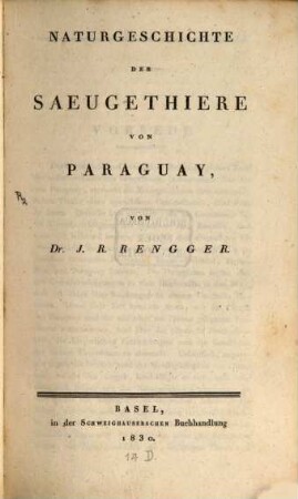 Naturgeschichte der Säugethiere von Paraquay