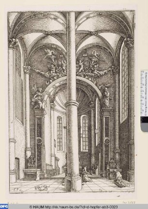 Inneres einer Kirche mit dem Gleichnis des Pharisäers und des Zöllners