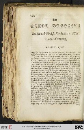 Der Stadt Breszlau Kayser= und Koenigl. Confirmirte Neue Wechsel=Ordnung