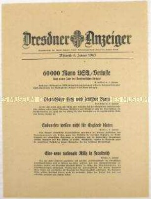 Nachrichtenblatt "Dresdner Anzeiger" u.a. zu amerikanischen Verlusten seit Kriegseintritt