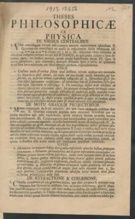 Theses Philosophicæ Ex Physica De Viribus Centralibus