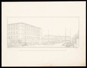 Neuer Packhof auf der Museumsinsel, Berlin: Perspektivische Ansicht vom Mehlhause aus (aus: Sammlung Architektonischer Entwürfe, Berlin 1858)