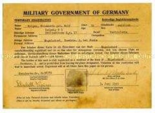 Zeitweilige Registrierkarte der amerikanischen Militärregierung für Elisabeth Krüger