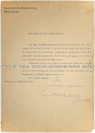 Mitteilung des österreichischen Generalstabschefs Franz Conrad von Hötzendorf an einen Generalmajor über die Verstärkung der Armee in Serbien