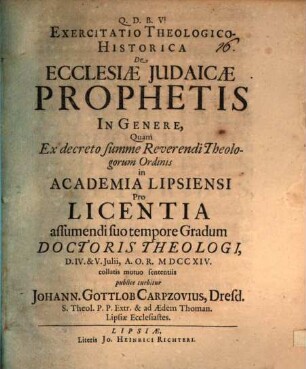 Exercitatio Theologico-Historica De Ecclesiae Judaicae Prophetis In Genere