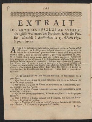Extrait Des Articles Resolus Au Synode des Eglises Wallonnes des Provinces-Unies des Pais-Bas ...