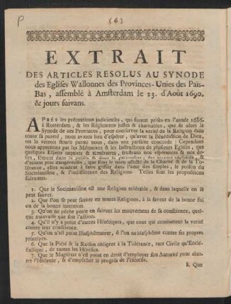 Extrait Des Articles Resolus Au Synode des Eglises Wallonnes des Provinces-Unies des Pais-Bas ...