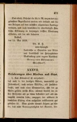 XXXVII. Erfahrungen über Kleebau und Gips