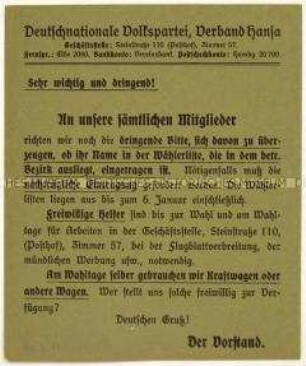 Aufruf der Deutschnationalen Volkspartei an ihre Mitglieder zur Prüfung der Wählerlisten zur Wahl der Nationalversammlung 1919