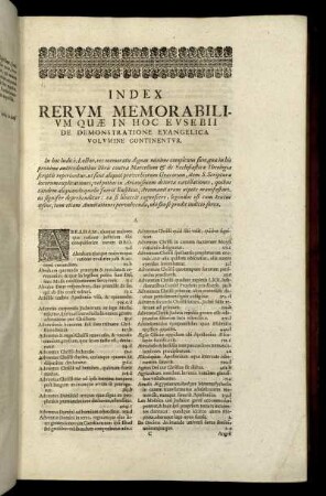 Index Rerum Memorabilium Quæ In Hoc Eusebii De Demonstratione Evangelica Volumine Continentur.