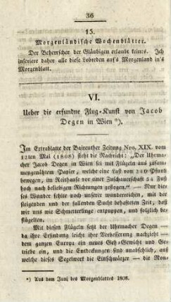 VI. Über die erfundne Flug-Kunst von Jacob Degen in Wien