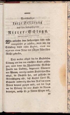 Vorläufige kurze Erklärung des hie beygesezten Ritter-Schlags.