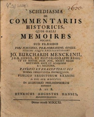 Schediasma De Commentariis Historicis, Qvos Galli Memoires Vocant