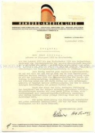 Arbeitszeugnis der Hamburg-Amerika Linie für Ernst Döring nach dessen Entlassung wegen kriegsbedingter Stilllegung - Personenkonvolut