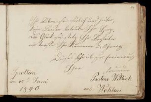 Eintrag (Sprottau. 20.06.1840) von Pauline Wittich