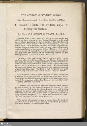 I. Saarbrück to Paris, 1870. A strategical sketch