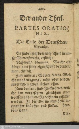 Der ander Theil. Partes Orationis. Die Teile der Deutschen Sprache