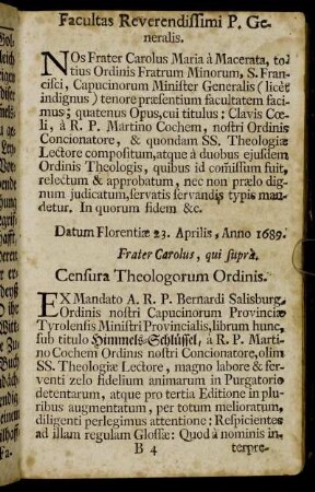 Facultas Reverendissimi P. Generalis. - Censura Ordinarij.