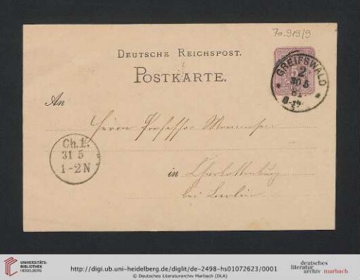 Briefwechsel Theodor Mommsen und Marie Mommsen geb. Reimer: Postkarte von Marie Mommsen an Theodor Mommsen
