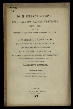 De M. Terentii Varronis apud sanctos patres vestigiis capita duo : accedit Varronis antiquitatum rerum divinarum liber XVI