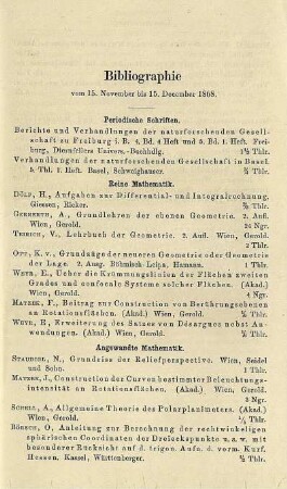 Bibliographie vom 15. Novemver bis 15. December 1868.