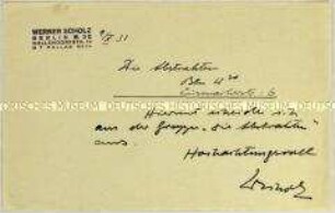 Handschriftliche Mitteilung des Malers Werner Scholz an die Künstlervereinigung "Die Zeitgemäßen" (Die Abstrakten) mit der Kündigung der Mitgliedschaft - Sachkonvolut