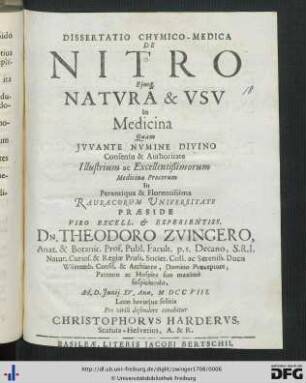 Dissertatio Chymico-Medica De Nitro Ejusq. Natura & Usu In Medicina