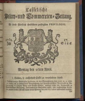 17. Stueck, Montag den 26ten April 1762