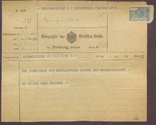 Glückwunschtelegramm zum 70. Geburtstag für Constantin Fehrenbach von Alfred Hugo Neuhaus