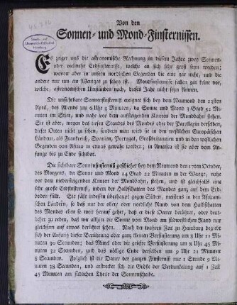 Von den Sonnen- und Mond-Finsternissen.