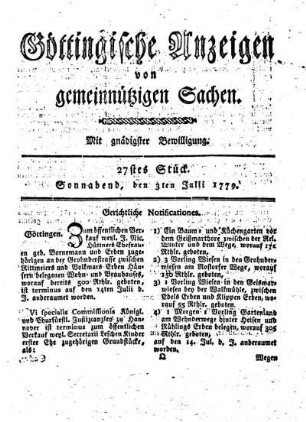 27tes Stück. Sonnabend, den 3ten Julii 1779.