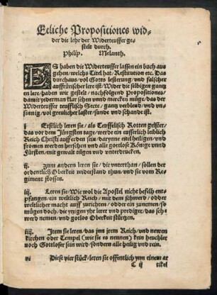 Etliche Propositiones wider die lehr der Widerteuffer gestelt durch. Philip. Melanth.
