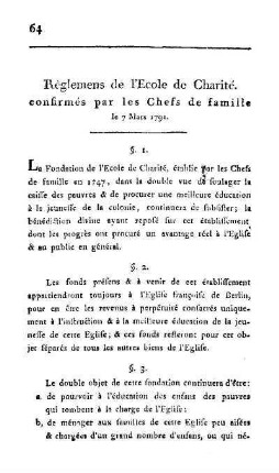 Règlemens de l'Ecole de Charité confirmés par les Chefs de famille le 7 Mars 1791