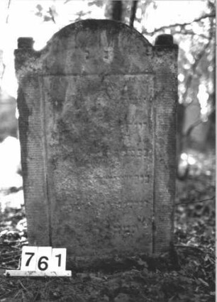Grabstein 761 (Index: 99900373) Material: Sandstein Zustand: fast völlig verwittert Maße HxBxT: 95x55x9 cm Beschreibung: Stele mit eingezogenem Rundbogenabschluss, auf den Einzügen rechteckige? Erhöhungen/Akrotere? Besonderheit: vermutete Identifizierung nach Gräberverzeichnis: Grabstein 761