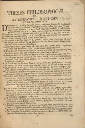 Theses philosophicæ de ratiocinatione & methodo et ex arithmetica.